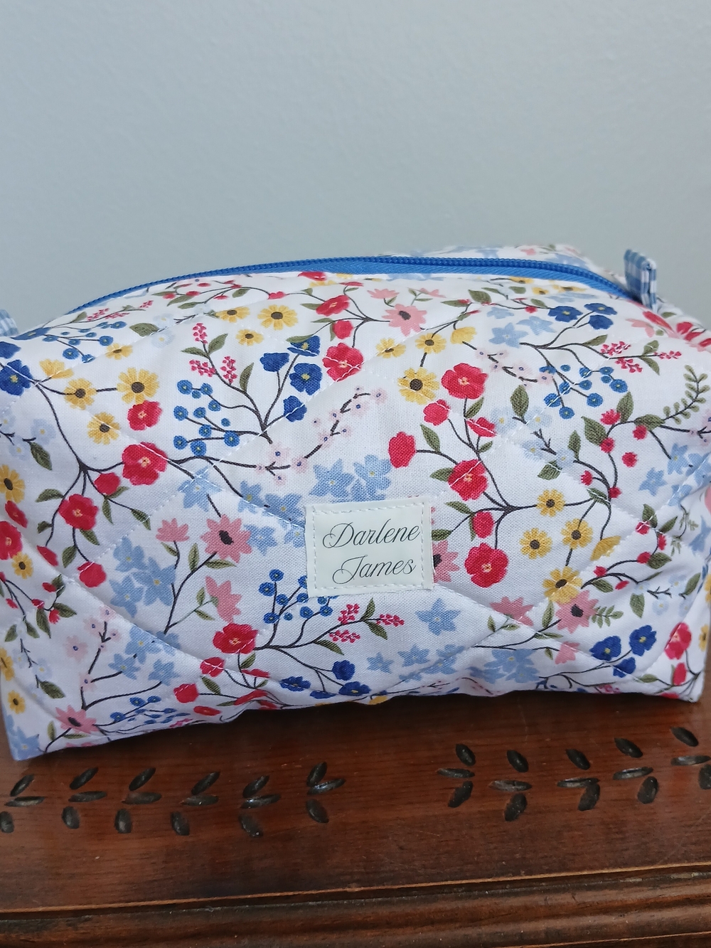Darlene James Floral Quilted Cosmetic Pouch - White Base with Multicolor Blooms